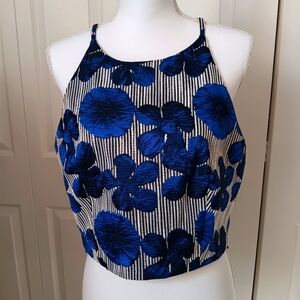 Badgley Mischka Belle Blue & Black Floral Crop Dressy Tank Top. Size 12.